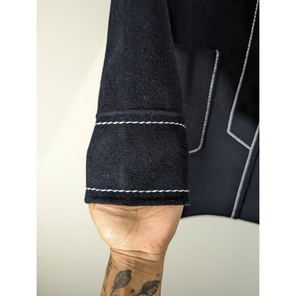 Ann Taylor Coat Women Size Small Navy Blue Wool Blend Contrast Stitch Classic - Picture 3 of 7